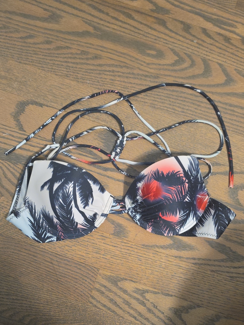 Palm Tree Print Bikini Top in White, Black & Coral